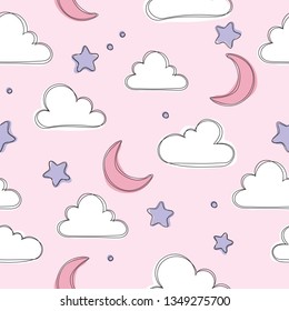 Cute sky pattern. Pink seamless vector design with clouds, moon and stars. Baby illustration. Cute sweet love baby background. Colorful design for textile, wallpaper, fabric, decor.