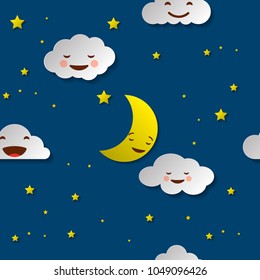 Cute sky pattern. Seamless vector design with smiling, sleeping moon, stars and clouds. Baby illustration.