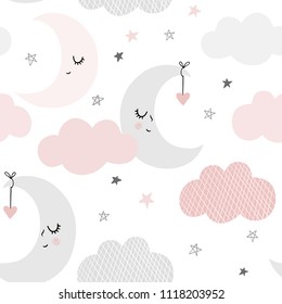 Cute Sky Pattern. Seamless Vector Design With Smiling, Sleeping Moon, Hearts, Stars And Clouds. Baby Illustration. 