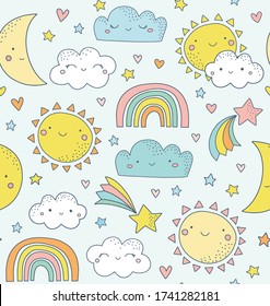 Cute sky pattern. Seamless vector design with smiling moon, sun, rainbow, stars, clouds and hearts. Baby illustration. Doodle kids weather pattern.