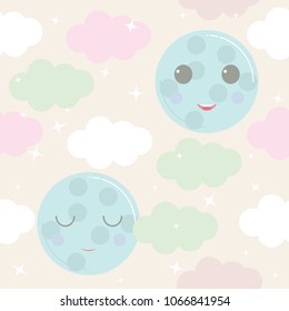 Cute sky pattern. vector design with smiling, sleeping moon, stars and clouds. Baby illustration. 