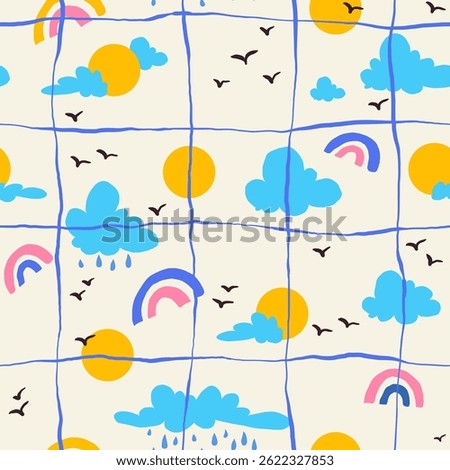Cute Sky and Rainbow Doodles With Hand Drawn Grid. Whimsical weather seamless pattern. Blue clouds and suns on cream background. Kids art style backdrop.