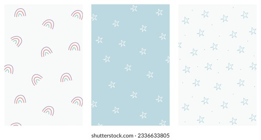 Cute sky seamless pattern set. Simple nursery art for baby. White and  blue stars and rainbow on blue and white background. Vector illustration.