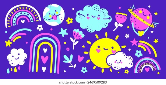 Pegatinas del cielo lindo. Vibrante colección dibujada a mano de personajes pacíficos. Planeta Tierra, sol feliz del doodle, nubes divertidas, arco iris colorido, flores y estrellas. Dibujo de bebé. Elementos de Vector brillante