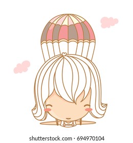 Cute skydiver flying around with cloud. Vector illustration, character design.