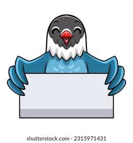Cute slaty blue love bird cartoon holding blank sign