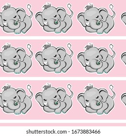 Cute sleep elephant with a white flower on a pink background seamless pattern. Vector illustration for children