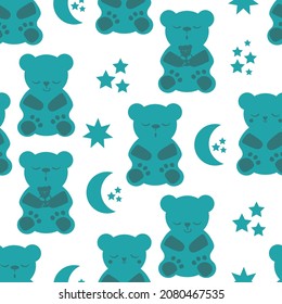 Cute sleep gummies stars moon vector seamless pattern background. Backdrop with blue green sleepy gummy bears and celestial shapes. Kawaii style characters for sleeping well, health concept. svg