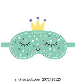 Cute sleep mask with heart and crown. Eye mask. Night rest accessory. Vector flat illustration