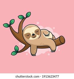 Cute Sleep Sloth Cartoon with Cute Pose. Cartoon Vector Icon Illustration. Animal Icon Concept on Pink Background