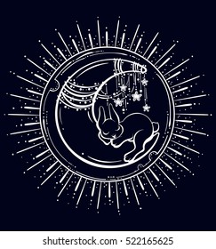 Cute sleepig bunny on the half moon with a string of stars, the divergent rays on background. Invitations, cards, t-shirt design, art. Isolated vector illustration.