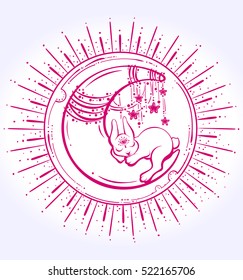 Cute sleepig bunny on the half moon with a string of stars, the divergent rays on background. Invitations, cards, t-shirt design, art. Isolated vector illustration.
