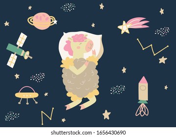 Cute sleeping alpaca on background of rocket and stars, ufo, constellations. Hand drawn cartoon illustration dreaming llama for textile, fabric, wallpaper, web design. Vector