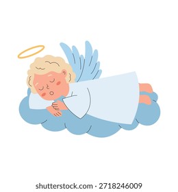 Cute sleeping angel on cloud in flat pastel style. Trendy cozy christmas design for cards, branding, packaging, web and print.