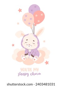 Cute sleeping animal bunny with balloons on cloud. Vector illustration in pastel colors. Kids collection