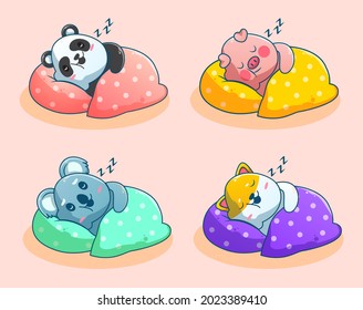 cute sleeping animal cartoon set