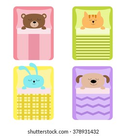 Cute sleeping animal set. Cat, bear, dog rabbit, hare and  bunny. Bed, blanket and pillow. Baby background. Flat design. Vector illustration