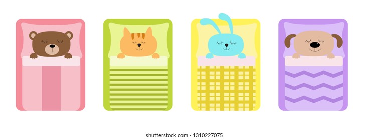 Cute sleeping animal set line. Cat, bear, dog rabbit, hare and bunny. Bed, blanket and pillow. Baby background. Flat design. Vector illustration