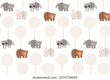Cute sleeping animals, balloons, stars seamless pattern on white background. Hand drawn vector illustration. Scandinavian style flat design. Concept kids textile, fashion print, bedroom wallpaper