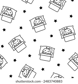 Cute sleeping animals in bed. Seamless pattern. Coloring Page. Night dream. Cartoon adorable characters. Hand drawn style. Vector drawing. Design ornaments.