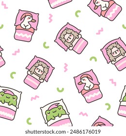 Cute sleeping animals in bed. Seamless pattern. Night dream. Cartoon adorable characters. Hand drawn style. Vector drawing. Design ornaments.