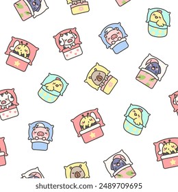 Cute sleeping animals in bed. Seamless pattern. Night dream. Cartoon adorable characters. Hand drawn style. Vector drawing. Design ornaments.