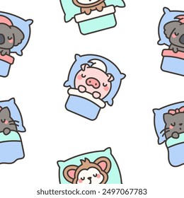 Cute sleeping animals in bed. Seamless pattern. Night dream. Cartoon adorable characters. Hand drawn style. Vector drawing. Design ornaments.