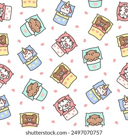 Cute sleeping animals in bed. Seamless pattern. Night dream. Cartoon adorable characters. Hand drawn style. Vector drawing. Design ornaments.