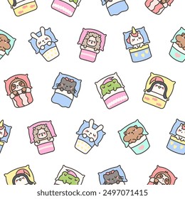 Cute sleeping animals in bed. Seamless pattern. Night dream. Cartoon adorable characters. Hand drawn style. Vector drawing. Design ornaments.