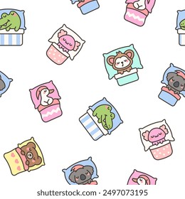 Cute sleeping animals in bed. Seamless pattern. Night dream. Cartoon adorable characters. Hand drawn style. Vector drawing. Design ornaments.