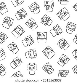 Cute sleeping animals in bed. Seamless pattern. Coloring Page. Night dream. Cartoon adorable characters. Hand drawn style. Vector drawing. Design ornaments.