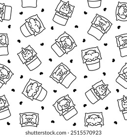 Cute sleeping animals in bed. Seamless pattern. Coloring Page. Night dream. Cartoon adorable characters. Hand drawn style. Vector drawing. Design ornaments.