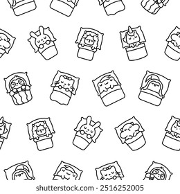 Cute sleeping animals in bed. Seamless pattern. Coloring Page. Night dream. Cartoon adorable characters. Hand drawn style. Vector drawing. Design ornaments.