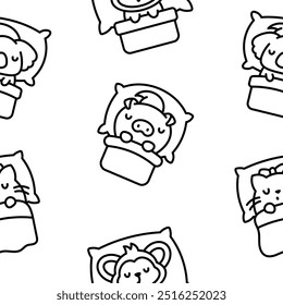 Cute sleeping animals in bed. Seamless pattern. Coloring Page. Night dream. Cartoon adorable characters. Hand drawn style. Vector drawing. Design ornaments.