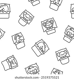 Cute sleeping animals in bed. Seamless pattern. Coloring Page. Night dream. Cartoon adorable characters. Hand drawn style. Vector drawing. Design ornaments.