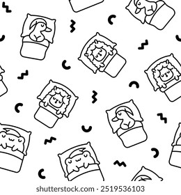 Cute sleeping animals in bed. Seamless pattern. Coloring Page. Night dream. Cartoon adorable characters. Hand drawn style. Vector drawing. Design ornaments.