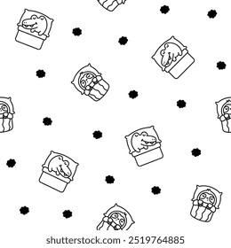 Cute sleeping animals in bed. Seamless pattern. Coloring Page. Night dream. Cartoon adorable characters. Hand drawn style. Vector drawing. Design ornaments.