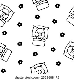 Cute sleeping animals in bed. Seamless pattern. Coloring Page. Night dream. Cartoon adorable characters. Hand drawn style. Vector drawing. Design ornaments.