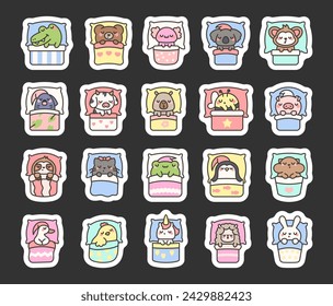 Cute sleeping animals in bed. Sticker Bookmark. Night dream. Cartoon adorable characters. Hand drawn style. Vector drawing. Collection of design elements.
