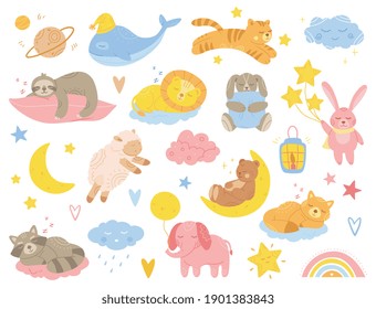 Cute sleeping animals. Collection with stars, crescents and clouds. Baby designs, for fabric, wrapping, textile, wallpaper, apparel. Set of cartoon vector illustrations isolated on white background