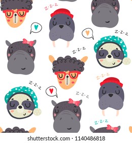 Cute sleeping animals. Colored vector seamless pattern