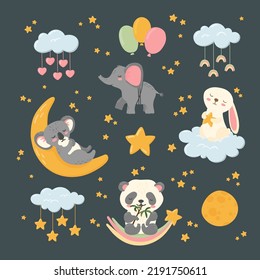 Cute sleeping animals good night big sticker set. Celestial bodies, clouds, stars, moon, panda, elephant, bunny and koala. Nursery poster, postcard, children print, baby shower. Vector illustration.