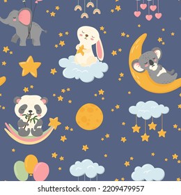 Cute sleeping animals good night vector seamless pattern. Celestial bodies, clouds, stars, moon, panda, elephant, bunny and koala. Nursery texture, card, children print, baby shower.