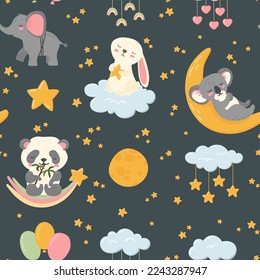 Animales para dormir bien vectores nocturnos sin fisuras. Cuerpos celestes, nubes, estrellas, luna, panda, elefante, conejito y koala. Textura de guardería, tarjeta, impresión infantil, ducha de bebé.