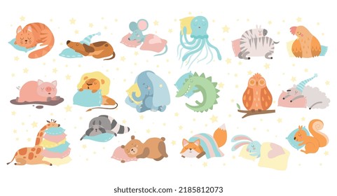 Cute Sleeping Animals Lying on Pillow Having Bedtime Rest Vector Big Set