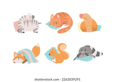 Cute Sleeping Animals Lying on Pillow Having Bedtime Rest Vector Set