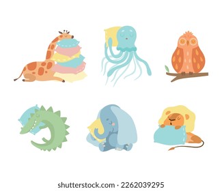 Cute Sleeping Animals Lying on Pillow Having Bedtime Rest Vector Set