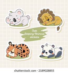 Cute sleeping animals stickers. Koala, lion, tiger, panda illustration for kids