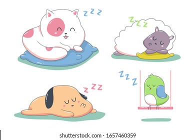 Cute sleeping animals vector cartoon characters set isolated on a white background.