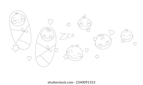 Kleine schlafende Babys. Gesichter und verschlungene Kinder in Sternen und Herzen. Eine einfache Kindervektorgrafik.